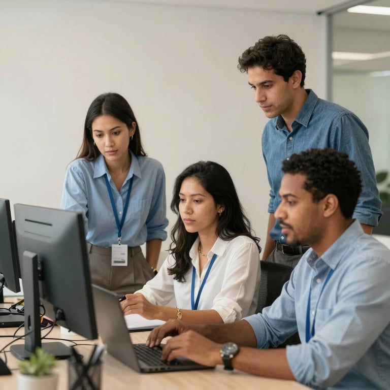 A diverse team of IT professionals collaborating in a South American / Brazilian office, soft off-white and steel blue tones.