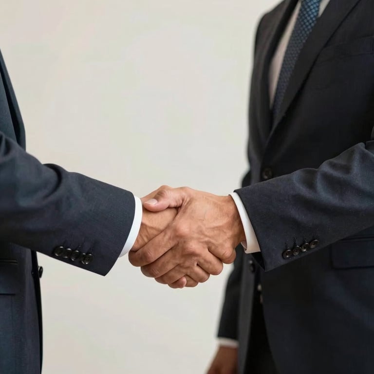 Professional handshake in a South American / Brazilian business setting, soft off-white lighting.
