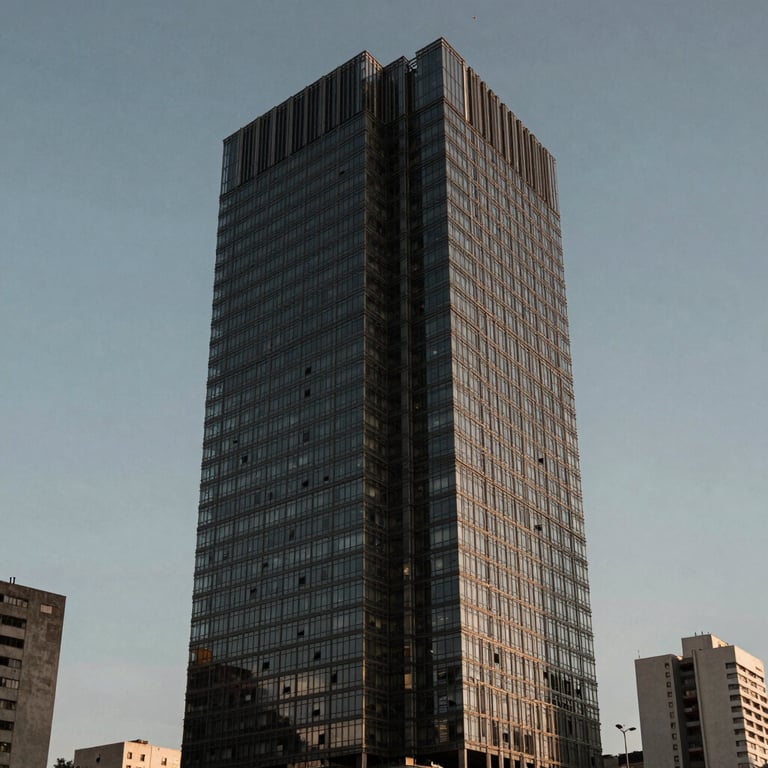 Modern architecture of a corporate building in a South American / Brazilian city, slate blue-grey sky.