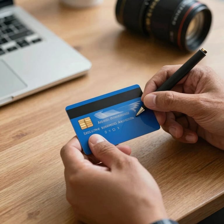 A person using a smartcard for digital signature in a South American / Brazilian workspace, steel blue accents.
