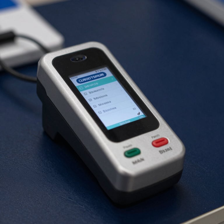 Close up of a biometric device in a secure financial institution in South America / Brazil, dark navy blue environment.
