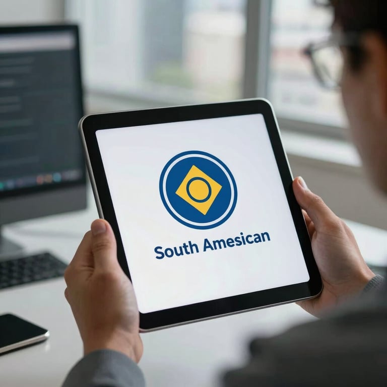 Digital certificate icon displayed on a tablet screen held by a professional in a South American / Brazilian urban office.
