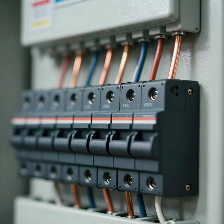 Macro close-up of a modern electrical panel, perfectly organized black breakers, clean copper ground wires, bright precise lighting.