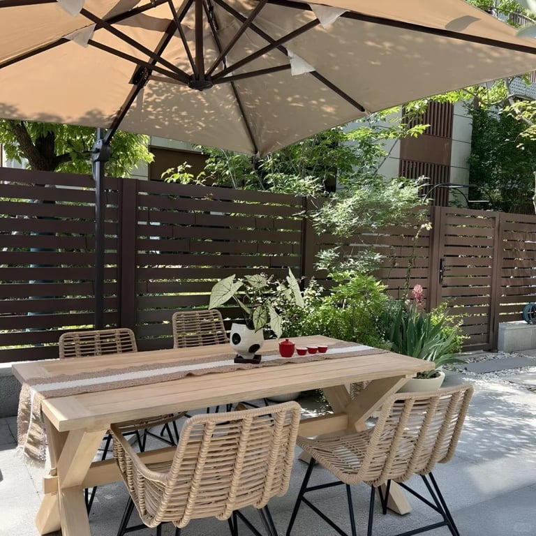Comfortable garden retreat with outdoor seating, natural greenery, ambient lighting and cozy outdoor lifestyle inspiration.
