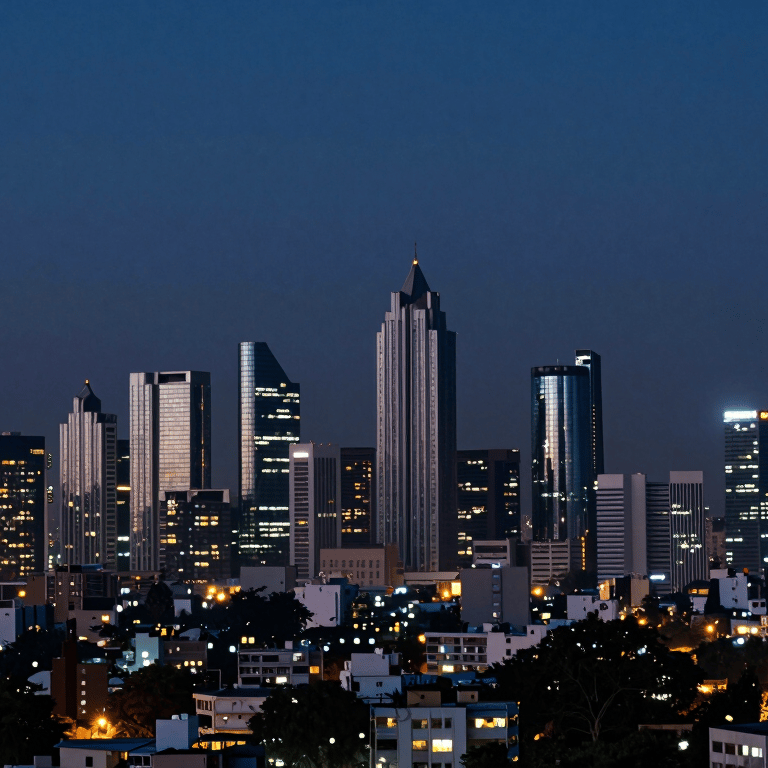 Architectural shot of a modern glass skyscraper reflecting a dark navy blue sky.