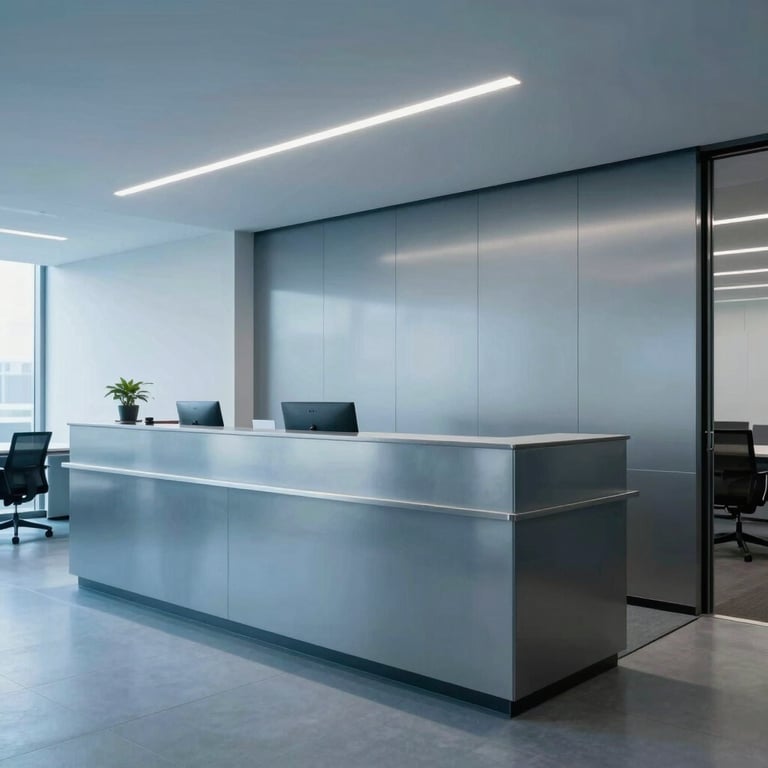 Wide-angle view of a professional, clean office reception area in steel blue tones.