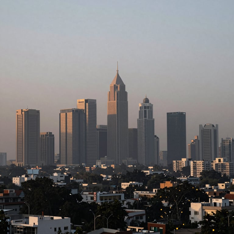 Distant view of the Lahore business district skyline at dawn with muted slate grey colors.