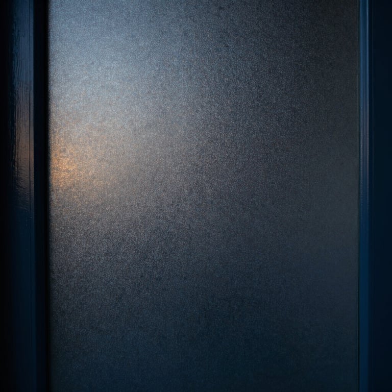 Detail of a frosted glass door with subtle light reflecting off a dark navy surface.