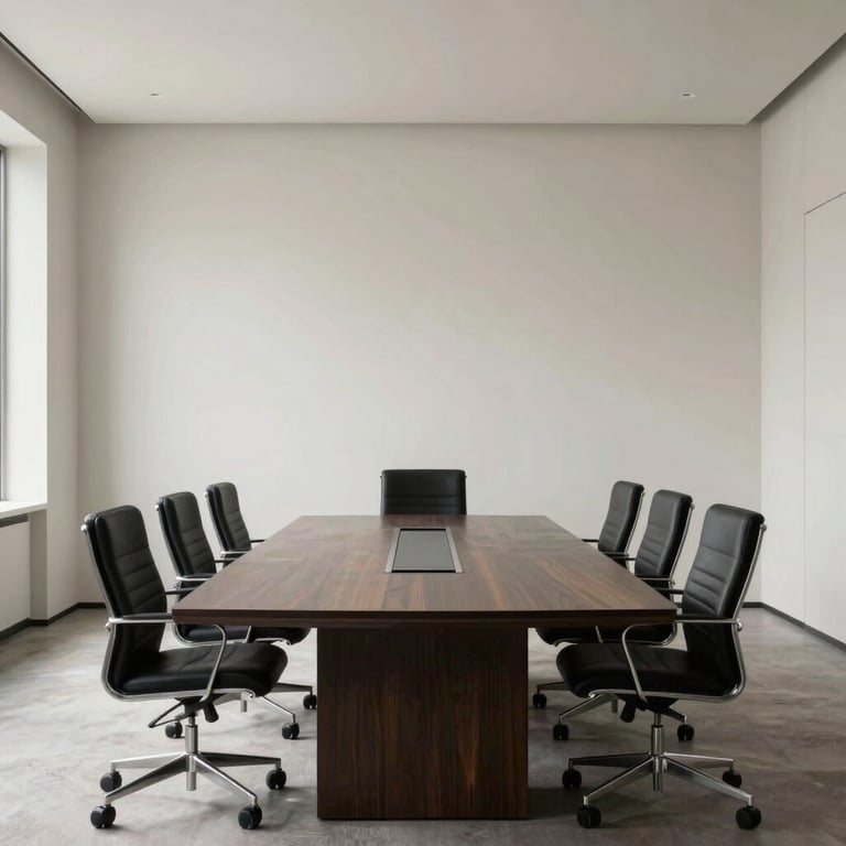 Interior of a minimalist executive boardroom with soft off-white walls and dark furniture.