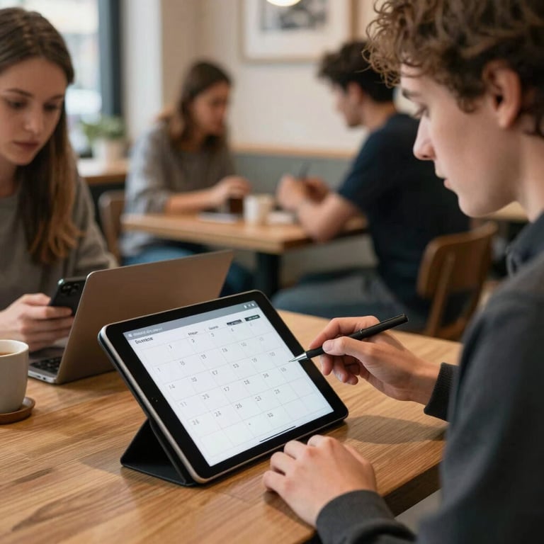 An agency team member using a tablet to plan a content calendar in a cozy, scandinavian-style cafe.