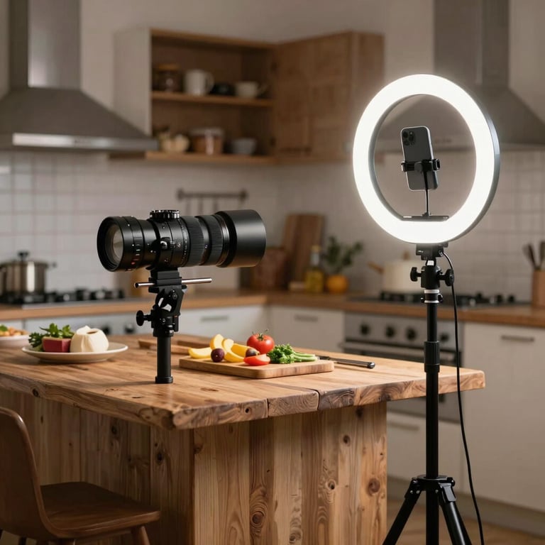 Professional ring light and tripod setup in front of a rustic kitchen island for food video creation.