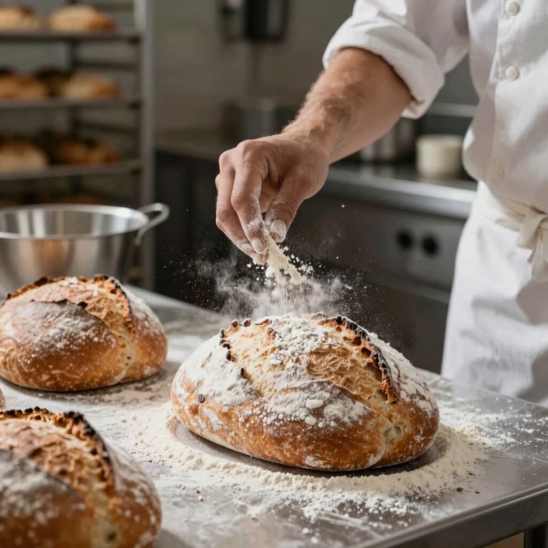Artisan baker dusting flour over fresh loaves of bread in a professional kitchen setting.