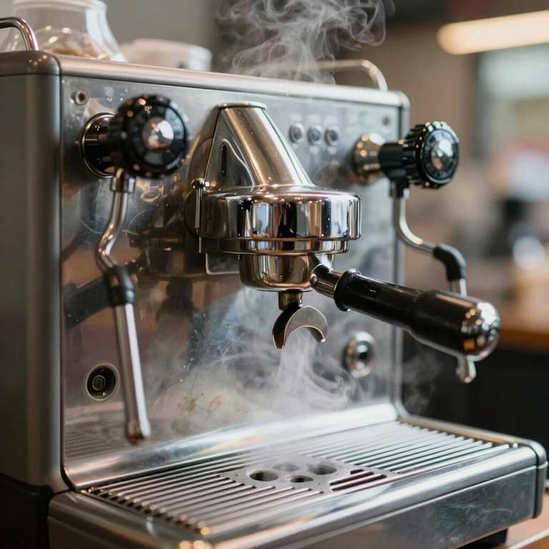 Detail shot of a vintage-style espresso machine in a modern food market, steam rising in soft light.