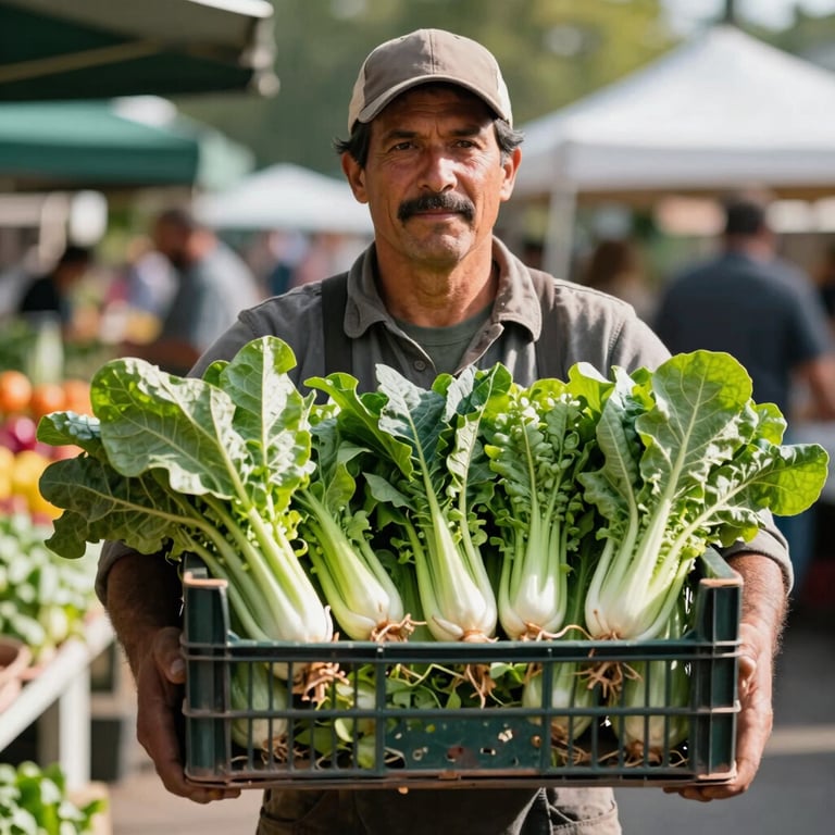 A North American farmer proudly holding a crate of vibrant organic greens at a morning sunlit market.