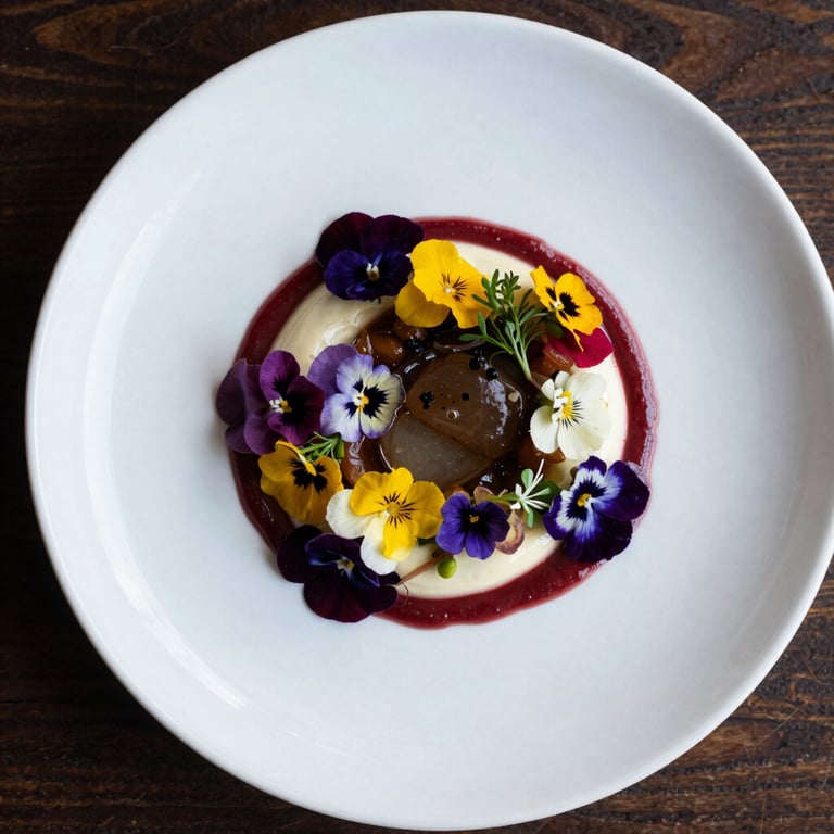 Top-down view of a beautifully plated farm-to-table dish with edible flowers and crimson sauces.