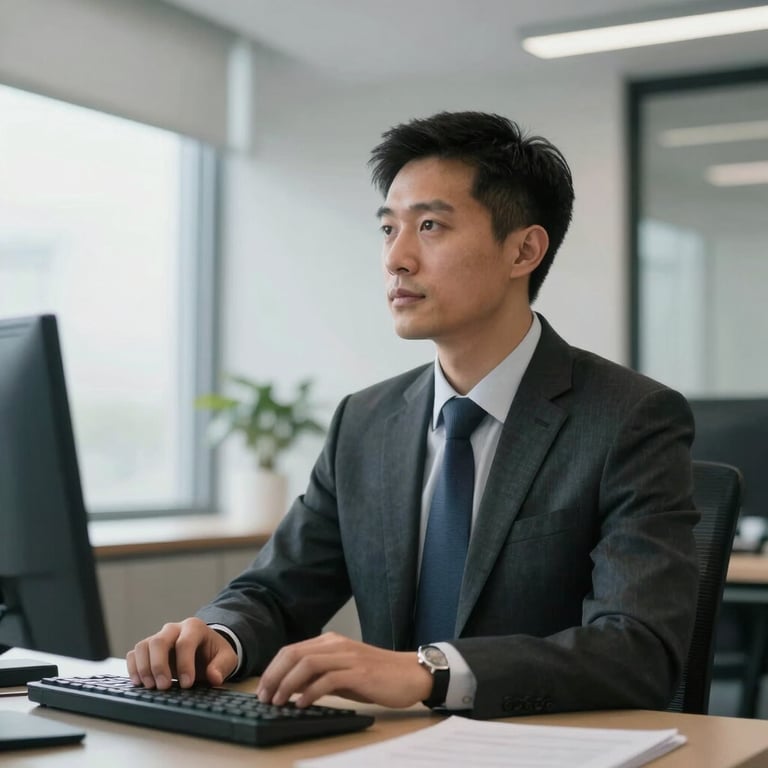 A portrait of a professional auditor in a clean, modern North American / US office, looking confidently toward a window with soft light.
