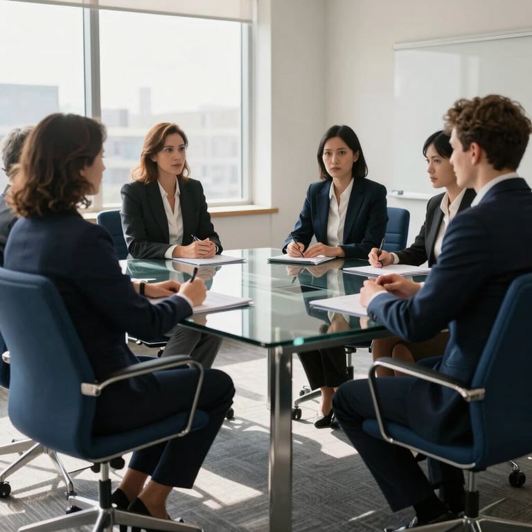 A professional team meeting in a sunlit North American / US boardroom, featuring a clean glass table and modern navy blue chairs.
