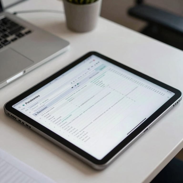 A high-angle shot of a digital tablet displaying data spreadsheets, resting on a white desk in a North American / US office environment.