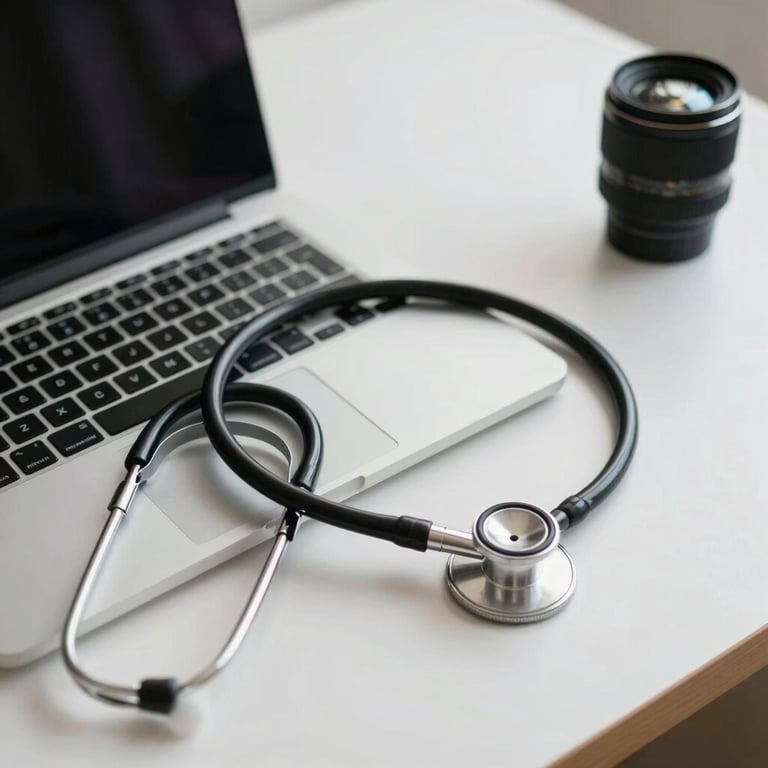 A clean, minimalist workspace in North American / US with a focus on a laptop and a stethoscope, symbolizing the intersection of healthcare and data.