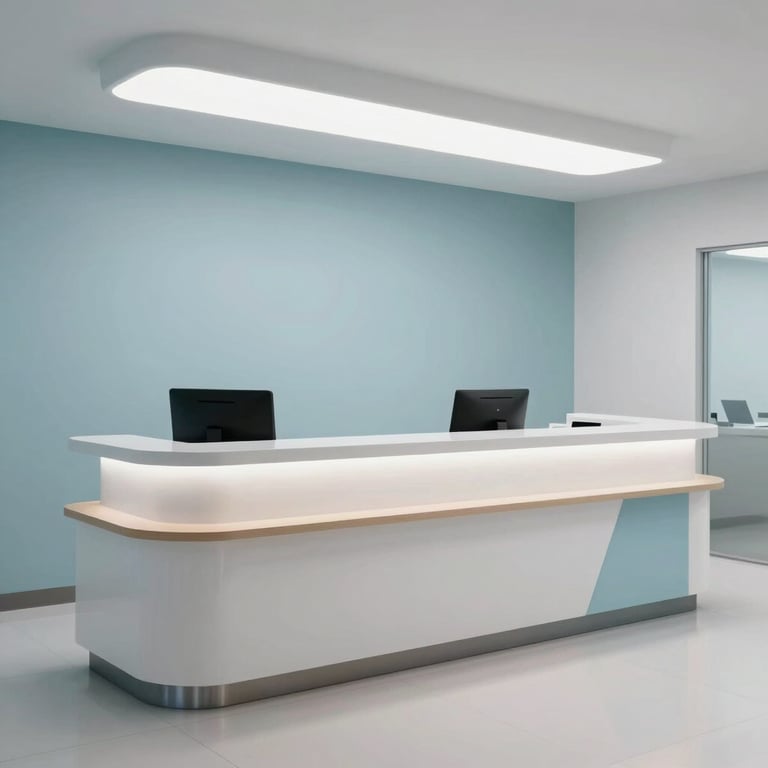 Detailed shot of a modern medical office reception in North American / US, featuring sophisticated lighting and a palette of pale blue and white.