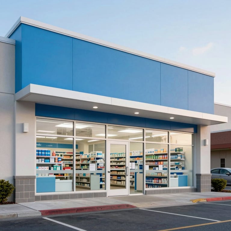 A wide shot of a contemporary pharmacy exterior in North American / US during the day, featuring clean lines and a professional sky blue facade.