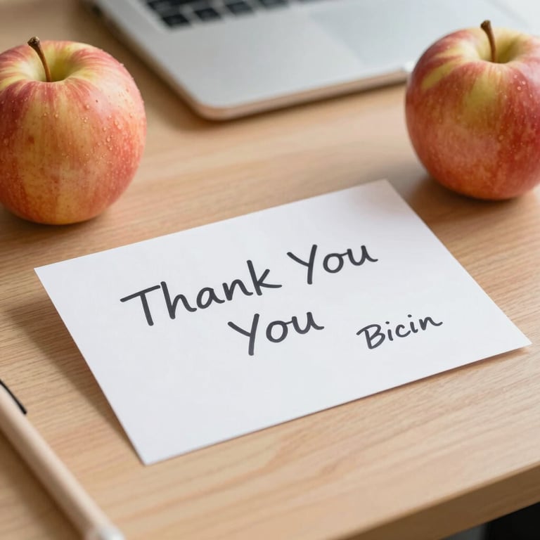 A 'Thank You' card signed by several students, resting on a teacher's desk next to an apple.