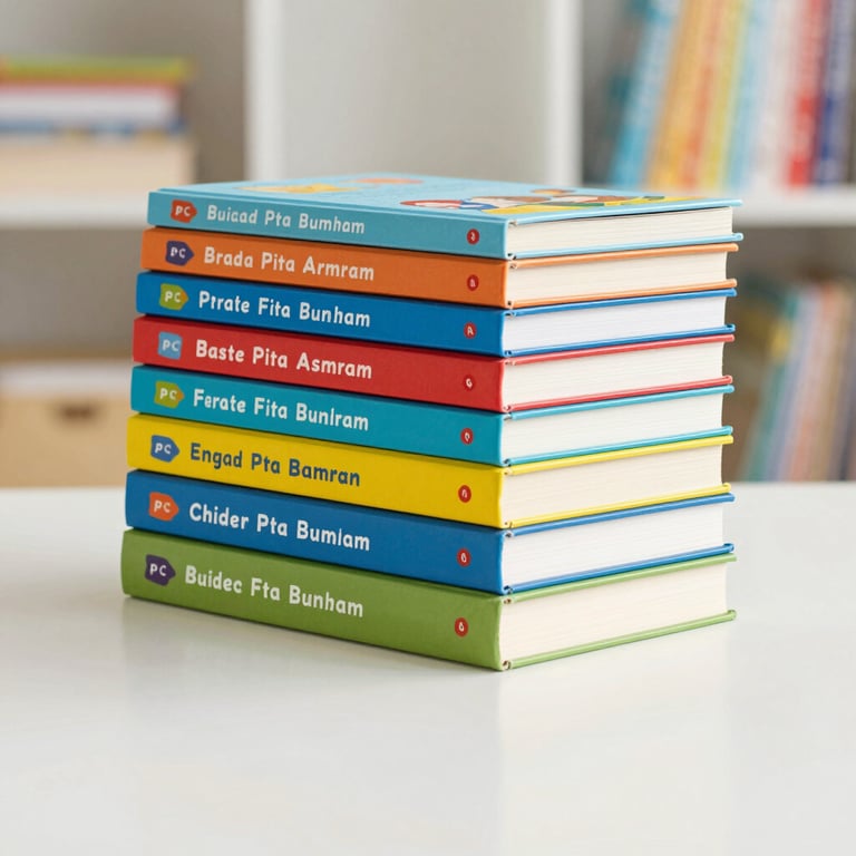 A stack of new, colorful children's books funded by the PTA, clean professional photography.