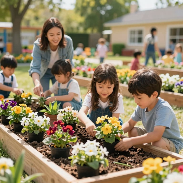 A colorful school garden project with children and parents planting flowers together, vibrant and sunny.