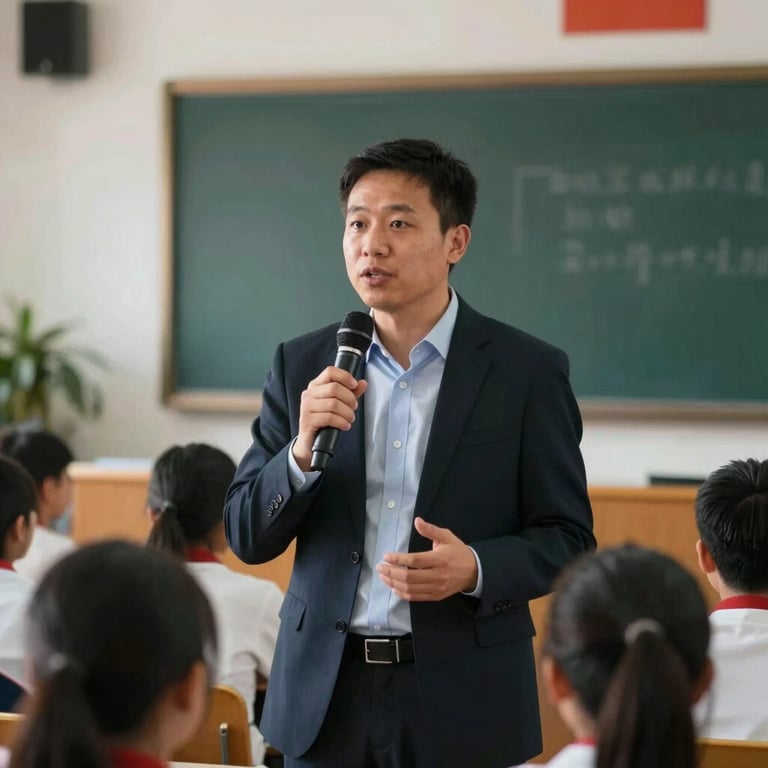 A local community leader speaking at a school event, focused and professional composition with collaborative energy.