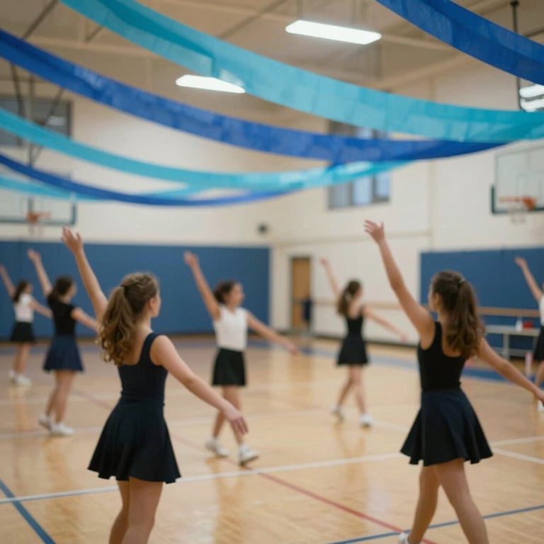 A busy school gymnasium decorated for a seasonal dance with blue and teal streamers matching the #5F9EA0 palette.