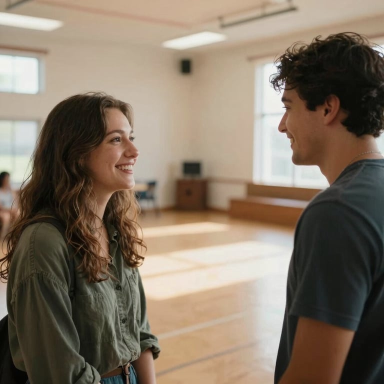 A candid, joyful interaction between two people in a light-filled North American community hall.
