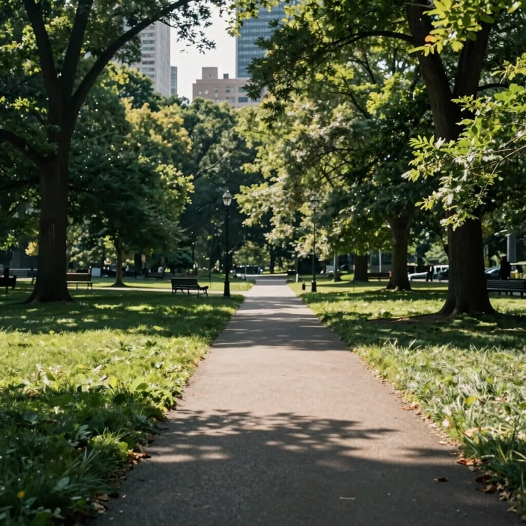 An inspiring shot of a sun-drenched pathway leading through a lush green park in a North American city.