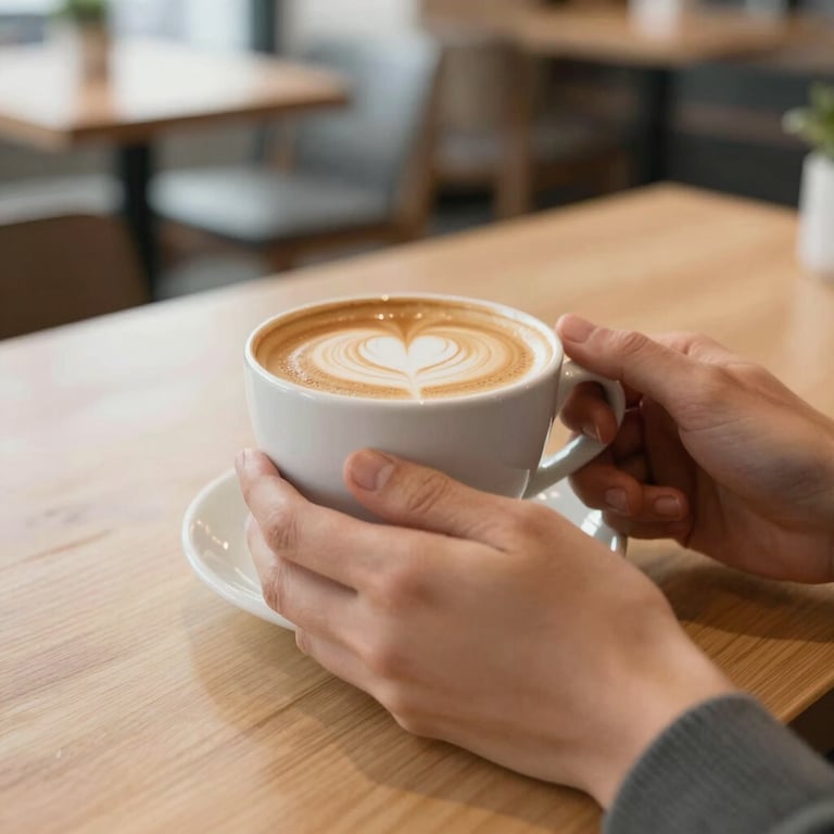 A close-up of a person's hands holding a warm cup of coffee in a bright, modern US cafe with light wood textures.