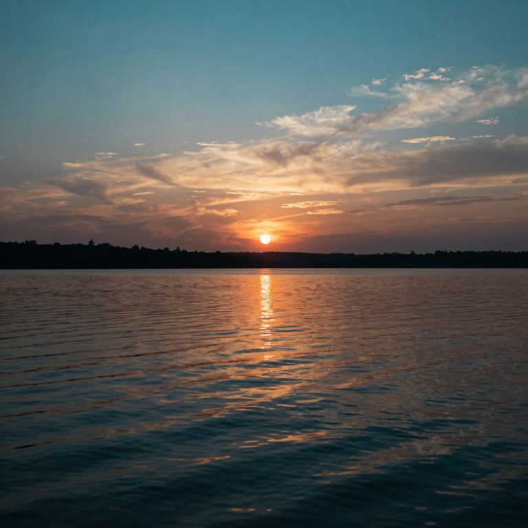 A serene sunset over a calm lake in the US, with deep teal and bronze reflections on the water's surface.