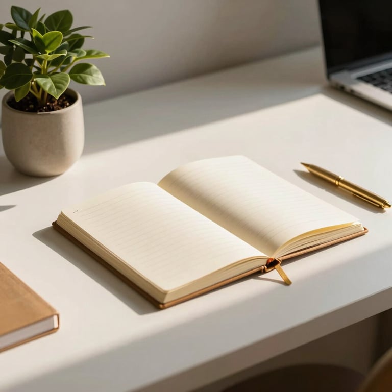 A clean, minimal workspace with a single plant and a notebook, illuminated by soft morning light and golden ochre accents.