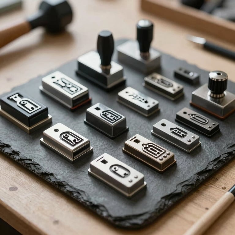 A collection of custom metal foil stamping dies resting on a slate work surface in a design studio, natural side light