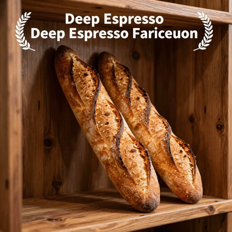 Close-up of golden-brown baguettes leaning against a Deep Espresso wooden shelf.
