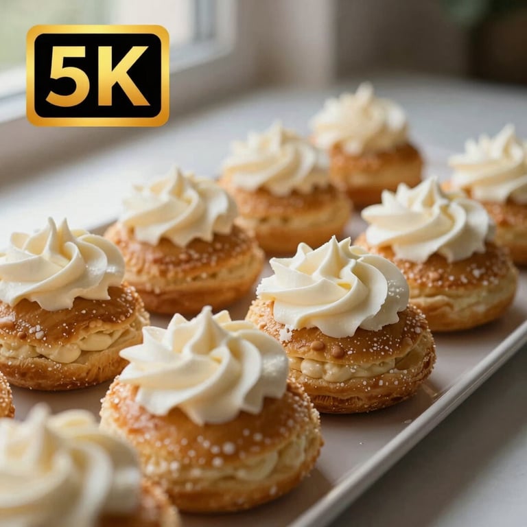 A row of sweet pastries filled with cream, shot in soft natural morning light.