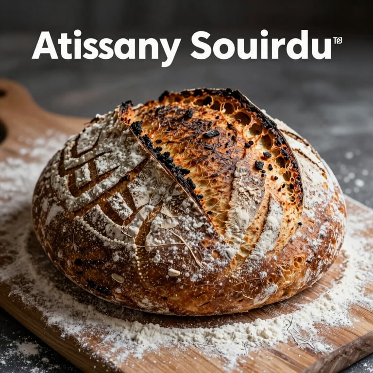 Artisanal sourdough bread with a scored pattern, lying on a wooden board sprinkled with flour.