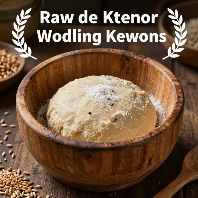 A traditional wooden kneading bowl with raw dough and natural ingredients like grain and seeds.