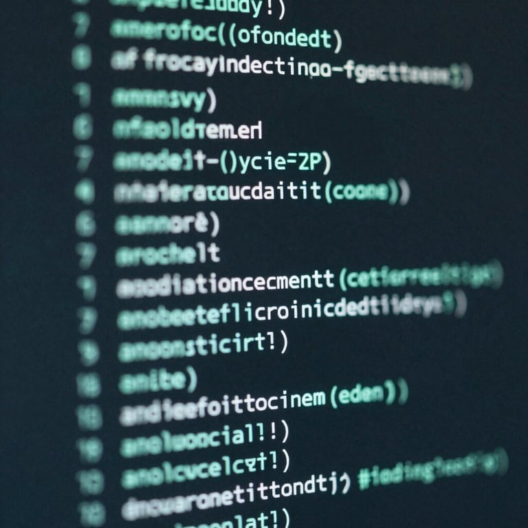A close-up of digital code on a screen, styled as a work of art with light trails in #507D8C and #E0F2F7.