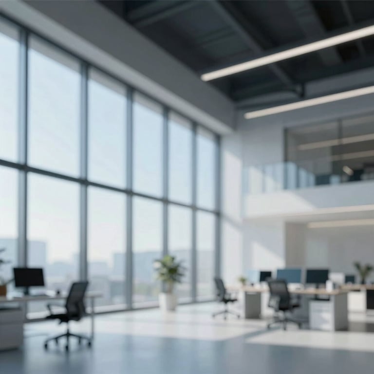 Architectural shot of a high-tech studio with floor-to-ceiling windows and a clean, professional vibe using #2F4858 accents.