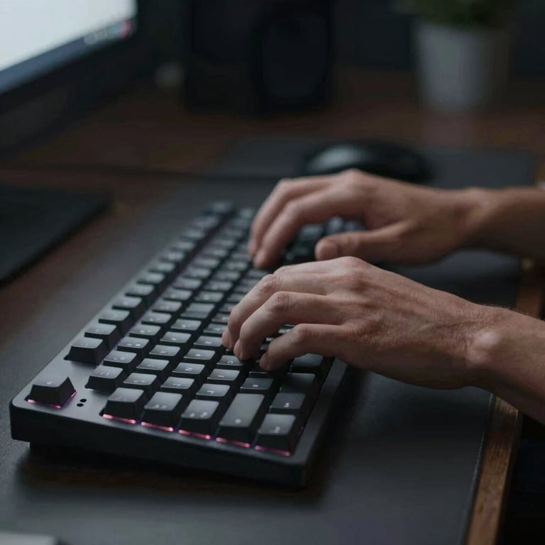 A focused developer's hands typing on a mechanical keyboard in a sophisticated, low-light environment using #1A202C shadows.