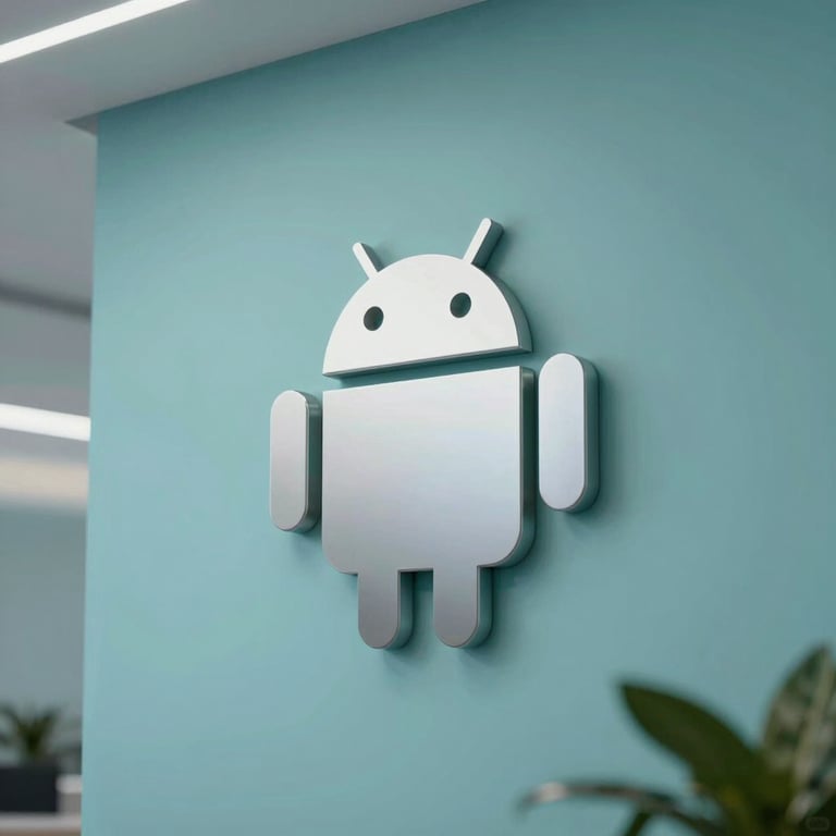 A sleek, metallic Android logo integrated into a wall of a modern, professional lobby with #E0F2F7 lighting.