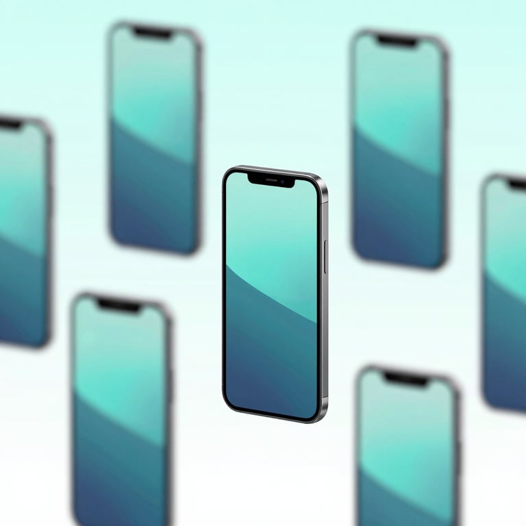 An array of mobile device mockups floating in a digital space, representing diverse Android solutions in #E0F2F7.