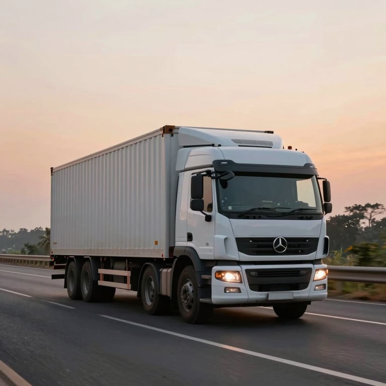 Wide shot of a professional logistics truck driving on a modern Indian highway at dawn, soft orange light, sense of efficiency.