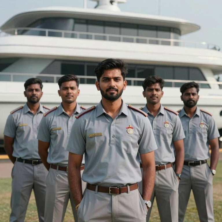 A South Asian professional team in uniform standing in front of their modern fleet in Delhi, confident and friendly atmosphere.