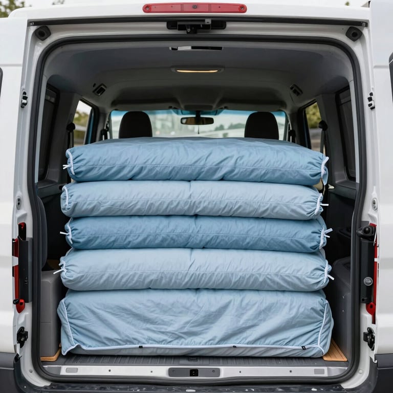 Interior of a well-organized moving van with furniture wrapped in protective light blue blankets, neatly stacked.