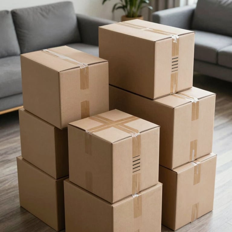 High-angle shot of neatly labeled moving boxes stacked in a contemporary living room, ready for transit.