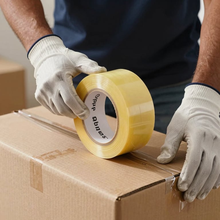 Close-up of a mover's hands in gloves securing a box with heavy-duty packing tape, professional South Asian setting.